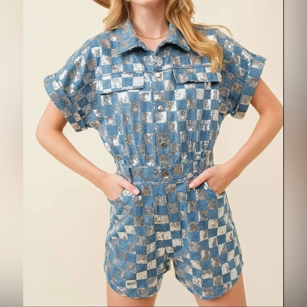 Sequin Checker Denim Romper - Picture 1 of 3